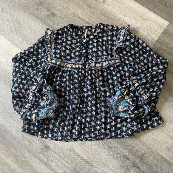 Free People Peasant Sleeve Ruffle Blouse Button Down XS - Picture 3 of 12